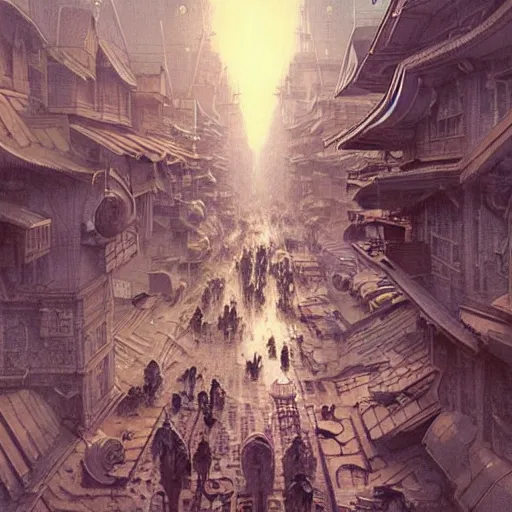 Image similar to It’s crowded streets of Russian sleeping quarters on the Moon city, Norilsk, sci-fi, fantasy, intricate, very very beautiful, elegant, highly detailed composition, digital painting, artstation, concept art, smooth, sharp focus, illustration, art by artgerm and greg rutkowski and alphonse mucha