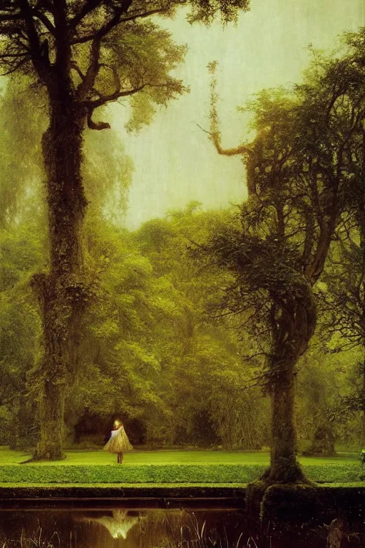 Prompt: zeus walks in dark gardens beside a small pond, misty, stately home visible in distance through trees, ruan jia, lawrence alma tadema, zdzislaw beksinski, carl spitzweg, everett raymond kinstler, norman rockwell