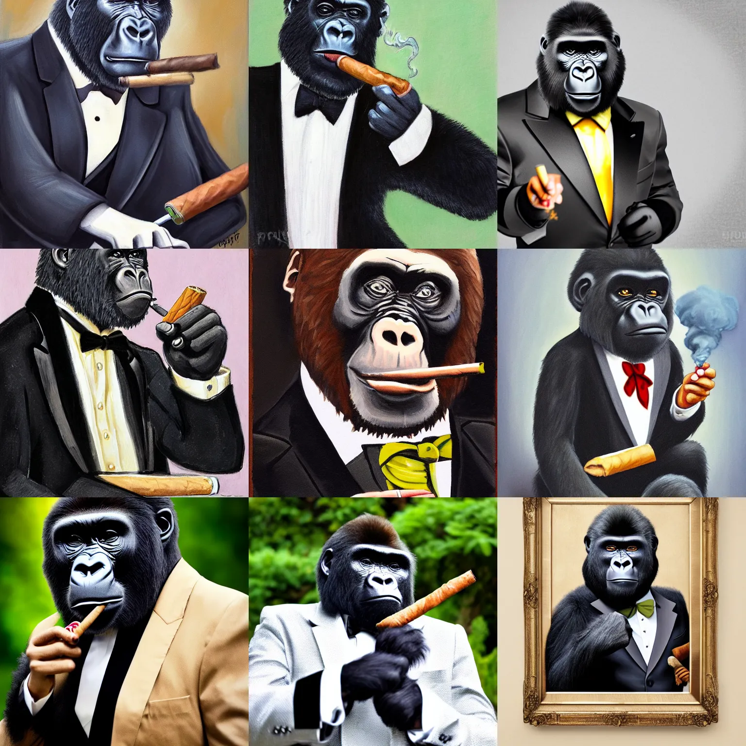 Prompt: Gorilla dressed in Tuxedo, smoking cigar, portait