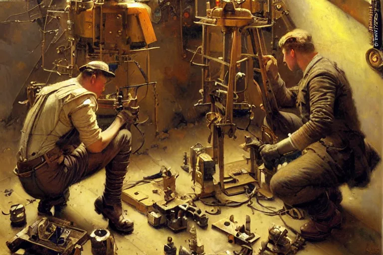 Prompt: male repairing machine, dieselpunk, painting by gaston bussiere, craig mullins, j. c. leyendecker