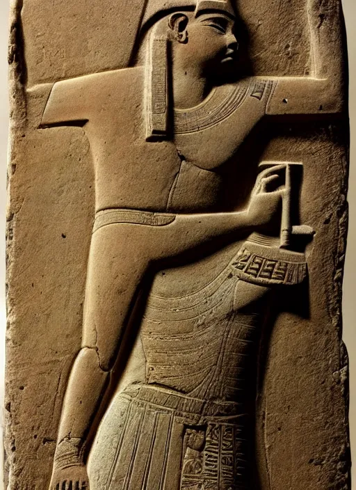 Image similar to a very worn out ancient egyptian relief of a man holding a bolt action rifle, award winning photo