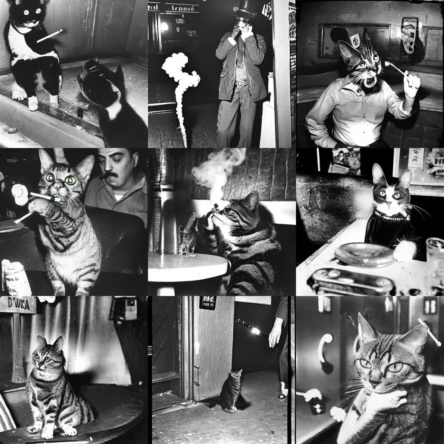 Prompt: WeeGee photo of a cat smoking a cigarette at a dive bar