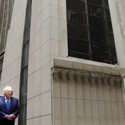 Image similar to warren buffet as a spider standing outside wall street stock exchange, reality, realistic, detailed, 8 k, award winning, wide shot,