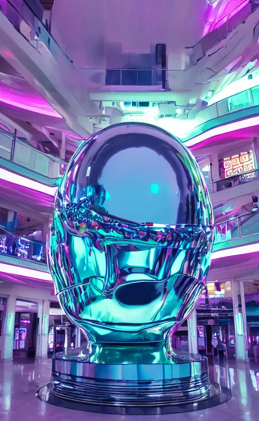 Prompt: photo of a chrome blob in a vaporwave mall, sharp wide shot lofi