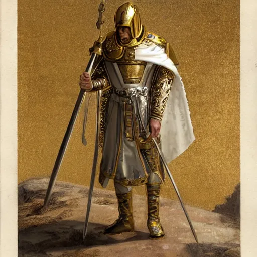 Prompt: man in decorated with gold in baroque style crusader armor, helmet and white cape with cross on it holding decorated with gold sword on it standing at the gates of jerusalem drawn by greg rutkowski realistic high detail