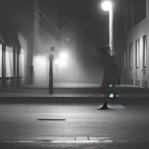 Image similar to an abstract photograph of a lonely male shadowy figure, he is dancing, there is a dark street with lanterns reflected on the ground, everything is underwater, long exposure, 35mm, black-and-white