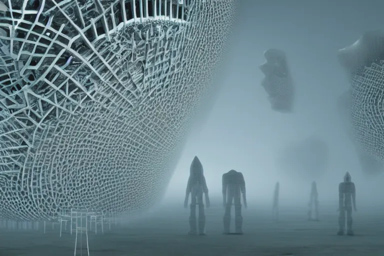 Image similar to a complex organic fractal 3 d ceramic humanoid megastructure, cinematic shot, foggy, photo still from movie by denis villeneuve