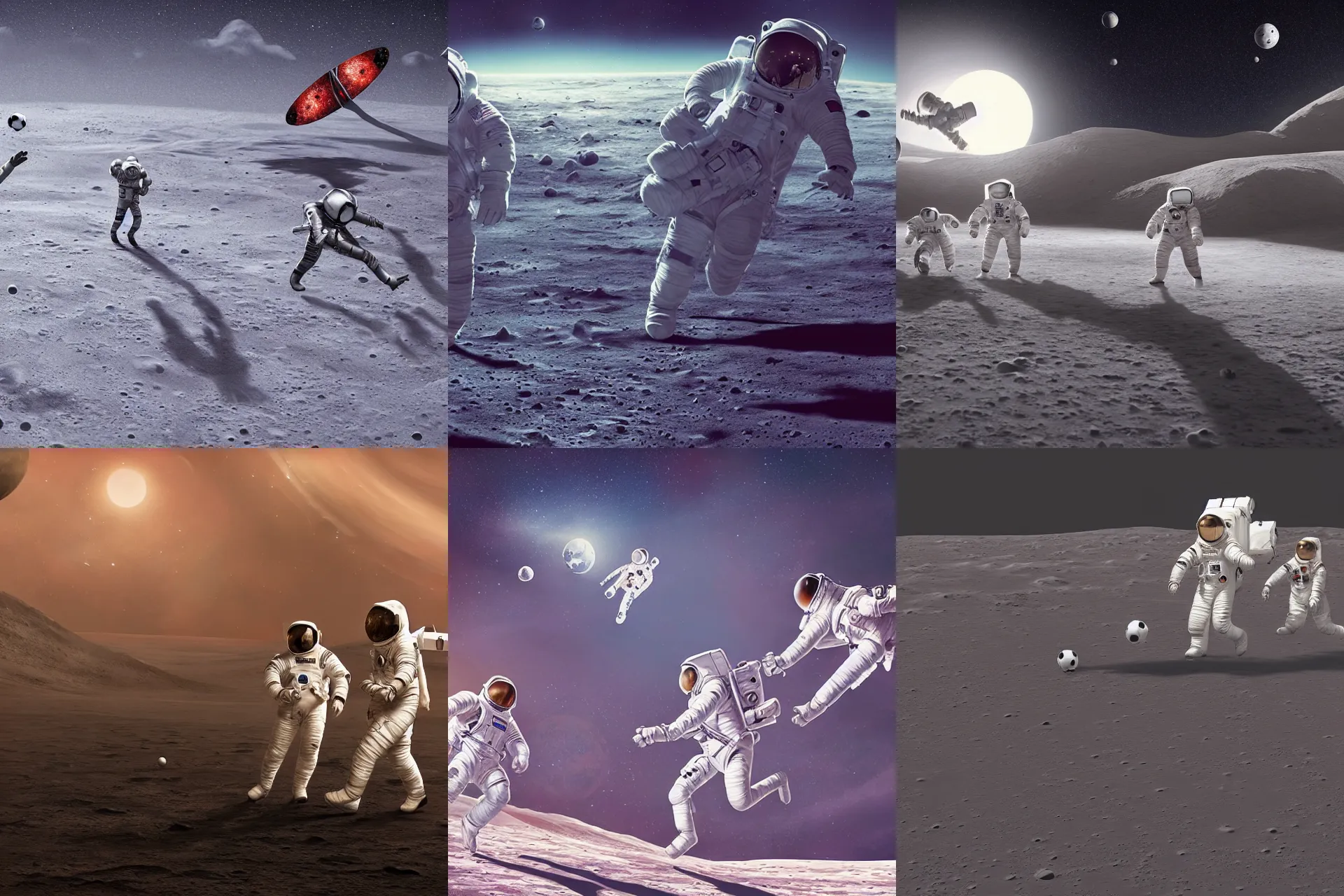 Prompt: Two astronaut playing soccer on the surface of the moon with a spaceship and a starry dark sky in the background, digital art, concept art, artstation, highly detailed
