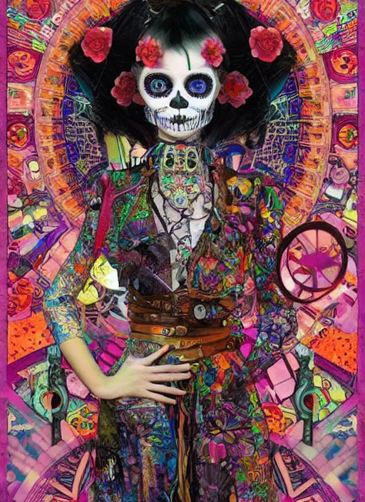 Image similar to cute punk goth fashion hippy fractal Día de los Muertos android girl wearing kimono made of circuits posing by Zhang Jingna, psychedelic poster art by Hannah Höch Käthe Köllwitz Victor Moscoso Rick Griffin Alphonse Mucha Edward Munch Ayami Kojima