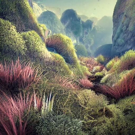 Prompt: artistic digital artwork of a lush natural scene on an alien planet. beautiful landscape by lurid ( 2 0 2 2 ). weird vegetation. cliffs and water. grainy and rough. soft interesting colour palette. straight shapes mixed with organic details. beautiful light. high quality render.