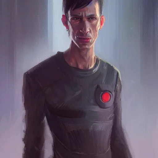 Image similar to portrait of a shocked man by greg rutkowski, he is about 3 0 years old, short black hair with bangs, scared and incredulous, very tall and slender, he is wearing futuristic space gear, highly detailed portrait, digital painting, artstation, concept art, smooth, sharp foccus ilustration, artstation hq
