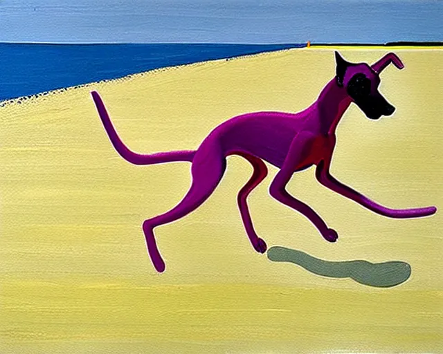 Image similar to close-up of a whippet running at beach, painting by david hockney, highly detailed