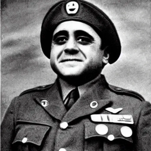 Image similar to Danny DeVito as an soldier during WW2, grainy monochrome photo