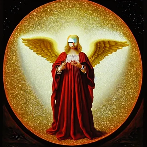 Prompt: highdetailed hyperrealistic of white angel in the hood!!! giant ball of miracle light from the chest!!!!!, white sparkles everywhere, lot of fire and stars overhead!!!, by jan van eyck, holography space, glow effect, large strokes, clean lines, white mono color, oil painting