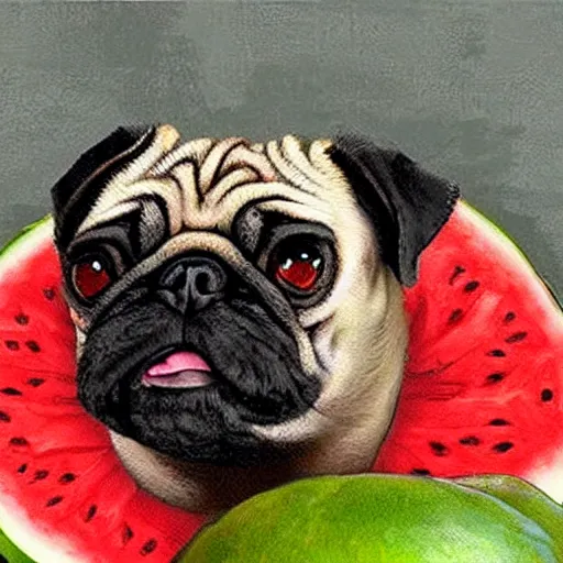 Prompt: pug in heaven eating watermelon in the style of michaelangelo