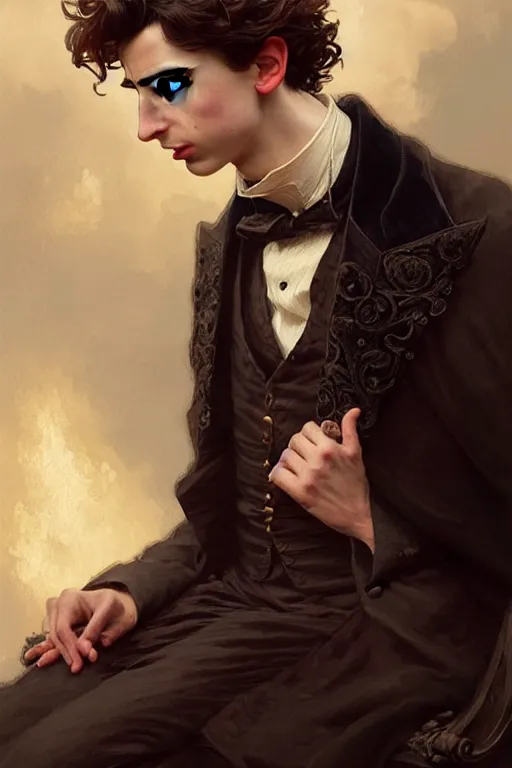 Image similar to Timothée Chalamet dressed in male Victorian fashion, D&D, fantasy, intricate, elegant, highly detailed, digital painting, artstation, concept art, matte, sharp focus, illustration, art by Artgerm and Greg Rutkowski and Alphonse Mucha