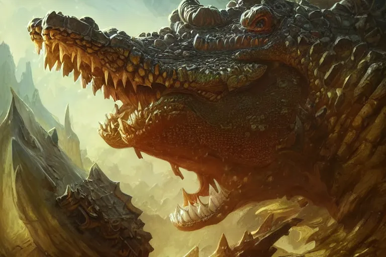 Image similar to colossal crocodile in his lair everything looks small because of his size, deep focus, d & d, fantasy, intricate, elegant, highly detailed, digital painting, artstation, concept art, matte, sharp focus, illustration, hearthstone, art by artgerm and greg rutkowski and alphonse mucha