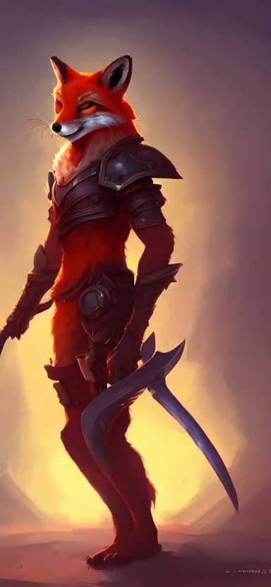 Prompt: a league of legends concept art of an anthropomorphic red fox in a body armor holding a sword, front view, artstation, digital art, oc commission, style by jordan grimmer and greg rutkowski, 4 k resolution