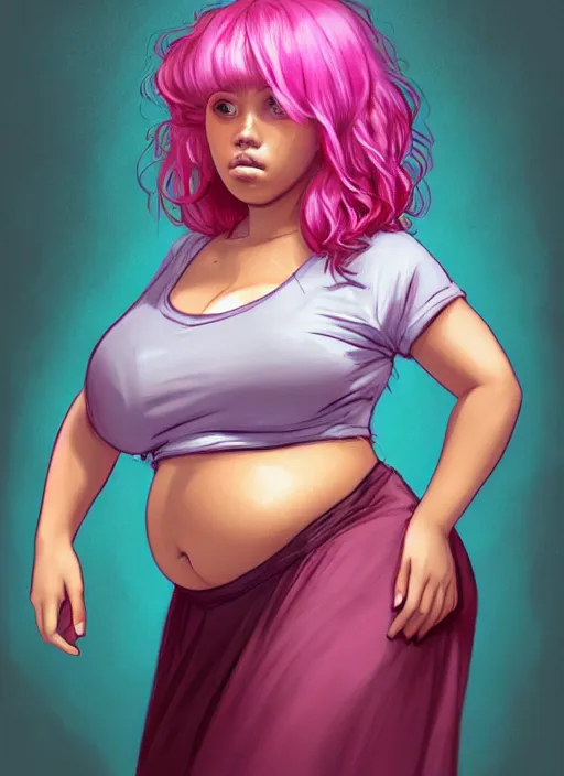 Image similar to full body portrait, teenage vanessa morgan, pink hair, obese, curly pixie hair, sultry, realistic, short hair, hoop earrings, skirt, shirt, fat, belly, black girl, intricate, elegant, highly detailed, digital painting, artstation, concept art, smooth, sharp focus, illustration, art by wlop, mars ravelo and greg rutkowski