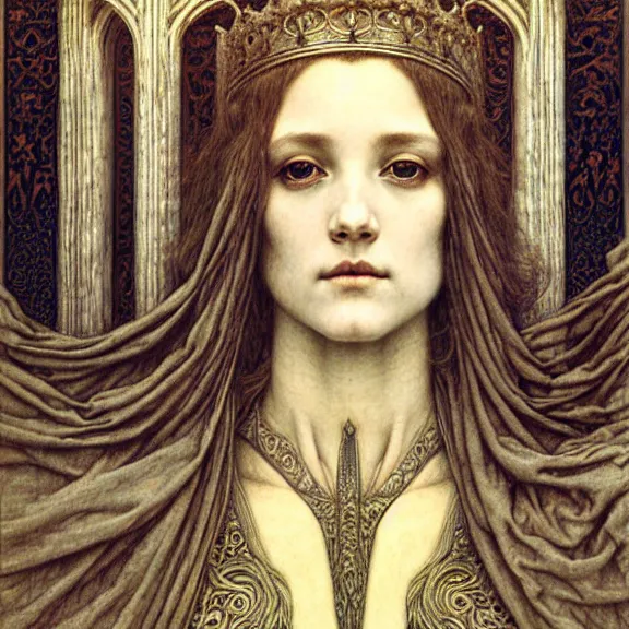 Image similar to detailed realistic beautiful young medieval queen face portrait by jean delville, gustave dore and marco mazzoni, art nouveau, symbolist, visionary, gothic, pre - raphaelite. horizontal symmetry