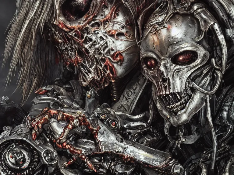 Prompt: portrait art of 8k ultra realistic undead army , detailed intricate ornate armour,decaying, cybernetic, full of colour, cinematic lighting, battered, trending on artstation, 4k, hyperrealistic, focused, extreme details,unreal engine 5, cinematic, masterpiece, art by ayami kojima, giger