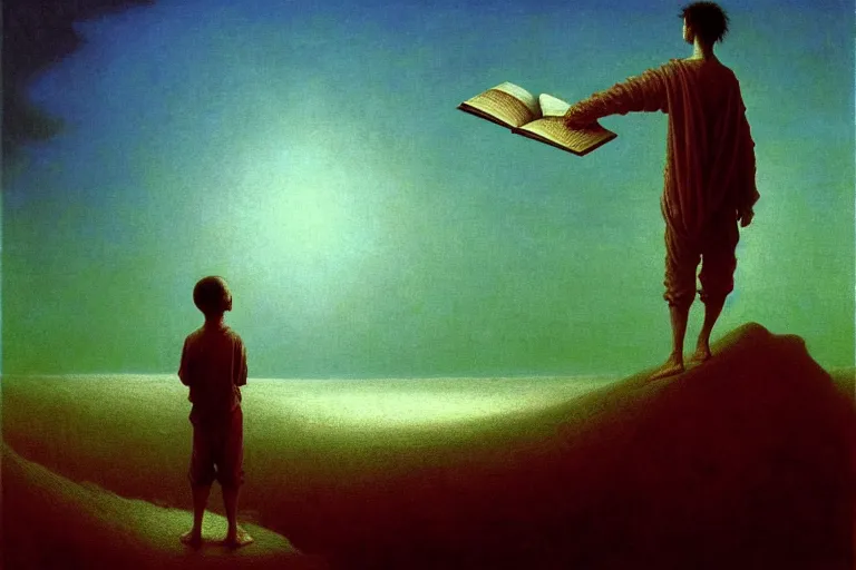 Image similar to boy standing on the opened book and looking at other books floating in the air, in the style of beksinski, intricate and epic composition, sky blue by caravaggio, insanely quality, highly detailed, masterpiece, milk white light, artstation, 4 k