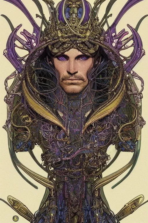 Prompt: a beautiful full-color art nouveau bust portrait of a godlike and stoic alien king, with benevolent and loving eyes, extremely detailed frontal angle, art nouveau cyberpunk engraved armor and intricate crown of infinite power, perfectly symmetrical facial structure and framework, honorable and honest alien facial features of ageless wisdom, by michael kaluta and travis charest, dark sci-fantasy, deeply ornate complexity, male face and bust, human anatomy mixed with alien and cyborg characteristics, sci-fi character concept, photorealism, epic art nouveau framing, stunning lighting, hyperrealism, 8k