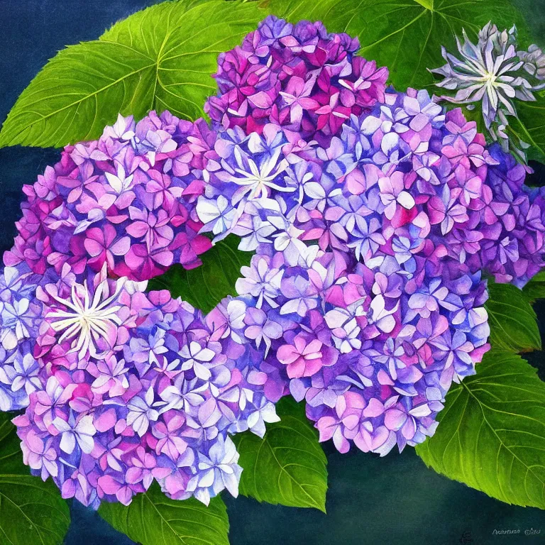 Prompt: a beautiful painting of hydrangea, clematis theme logo, clematis theme banner, clematis design, clematis in the deep sea, clematis like stars in the sky, hydrangea, trending on artstation, warm light, lovely and cute, fantasy art, 8 k resolution, highly detailed