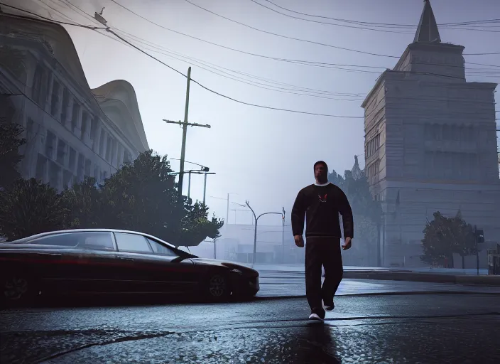 Image similar to cinematic screenshot gta 5, rain, man in adidas tracksuit, churches, buildings, road, moskvich, rtx, volumetric light, 3 d artist, reflections, moscow, soviet apartment buildings, award winning, artstation, intricate details, realistic, hyperdetailed, 8 k resolution