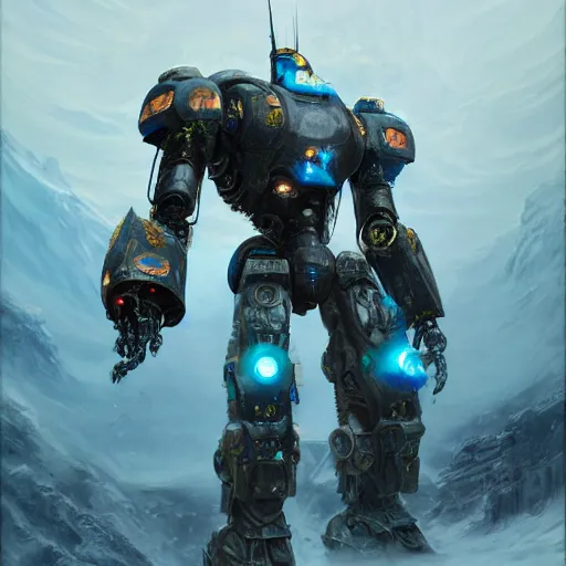 Prompt: pacific rim robot standing in Antarctica, full body, steam punk, 70's sci-fi, extremely detailed digital painting, in the style of Fenghua Zhong and Ruan Jia and Jermy lipking and peter mohrbacher, mystic colors, highly detailed, deep aesthetic, 8k, highly ornate intricate details, cinematic lighting, rich colors, digital artwork, ray tracing, hyperrealistic, photorealistic, cinematic landscape, trending on artstation,