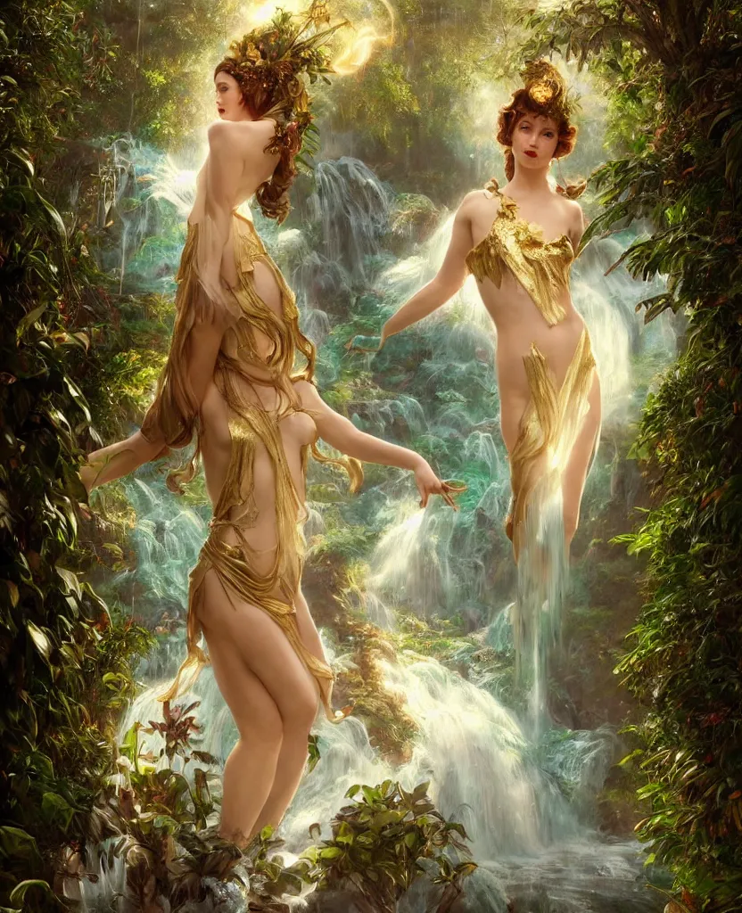 Image similar to hyper realistic photographer looking through a vintage medium format camera, magic pouring from lens, fantasy castle, full body waterfall dress, design on white background, beautiful details, lush foliage cyberpunk, gold, drawn by john singer sargent, tom bagshaw, norman rockwell, alphonso mucha, lolish, trending on artstation