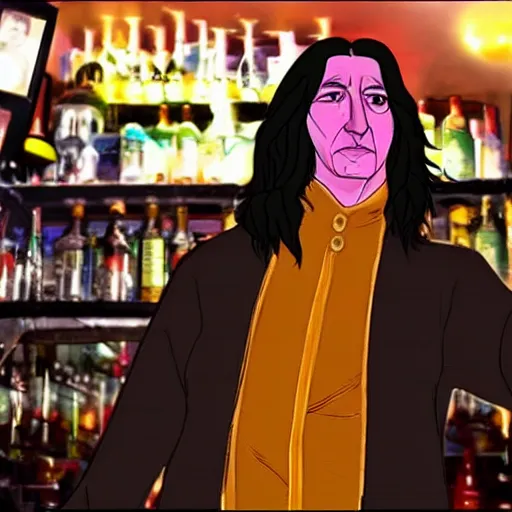 Prompt: Severus Snape dances hip hop in a bar, neon, realistic, full body, very detailed, super realistic, dramatic