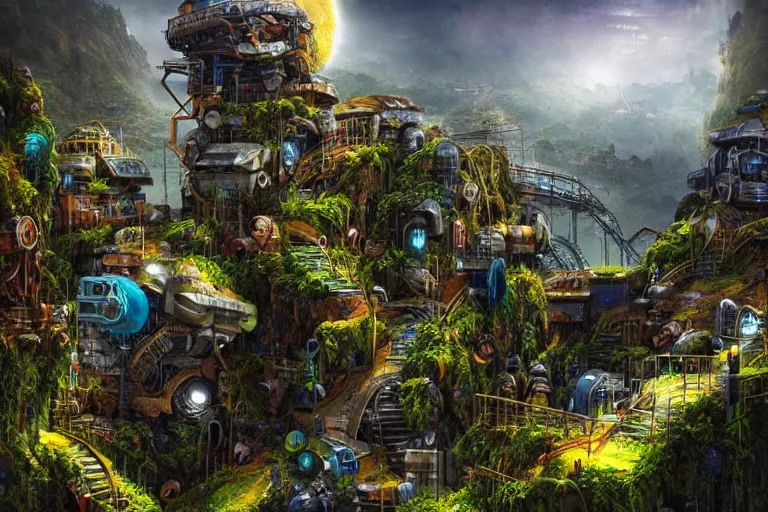 Image similar to sci - fi favela sculpture, fantasy jungle environment, industrial factory, cliffs, sunny, milky way, award winning art, epic dreamlike fantasy landscape, ultra realistic,