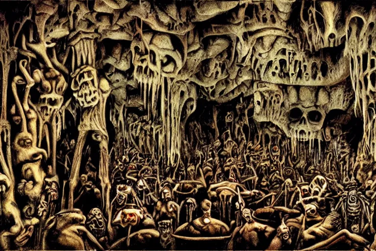 Image similar to stone age rave in a cave, necronom v, painting by h. r. giger