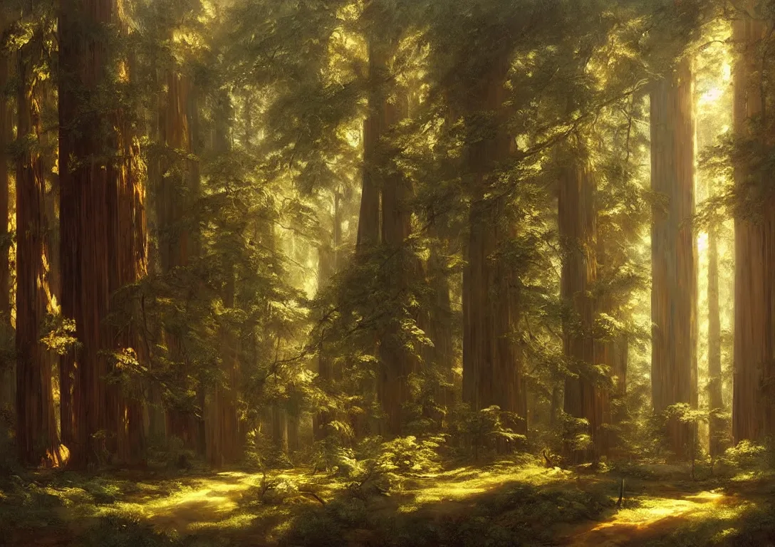 Image similar to a peaceful sanctuary in a beautiful california redwood forest, light streams through the trees, art by albert bierstadt and greg rutkowski, hyperrealism