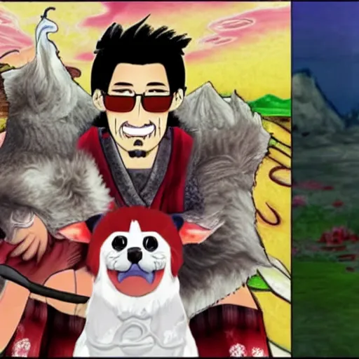 Prompt: Screenshot of the Markiplier character in the Playstation 2 game Okami. HDR, 4k, 8k, Okami being petted by the YouTuber Markiplier, who is looking at the camera while petting Okami. Very accurate depiction of Markiplier in Okami.