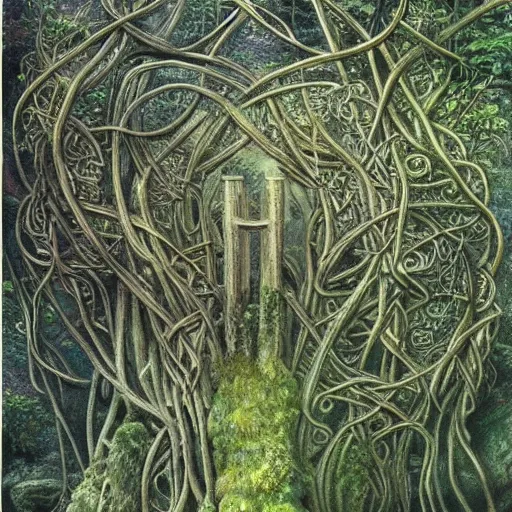 Prompt: a beautiful and highly ancient runes, tangled vines, lush plant growth, tall grass, flowers, carved stone, intricate details, epic scale, insanely complex, rivendell, 8 k, sharp focus, hyper realism, fantasy landscape, psychedelic, by caspar friedrich and brian froud,