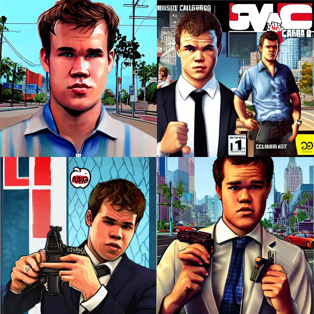 Prompt: Magnus Carlsen on the GTA cover