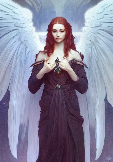 Prompt: sansa dark angel, intricate, elegant, highly detailed, digital painting, artstation, concept art, smooth, sharp focus, illustration, art by artgerm and greg rutkowski and alphonse mucha and william - adolphe bouguereau