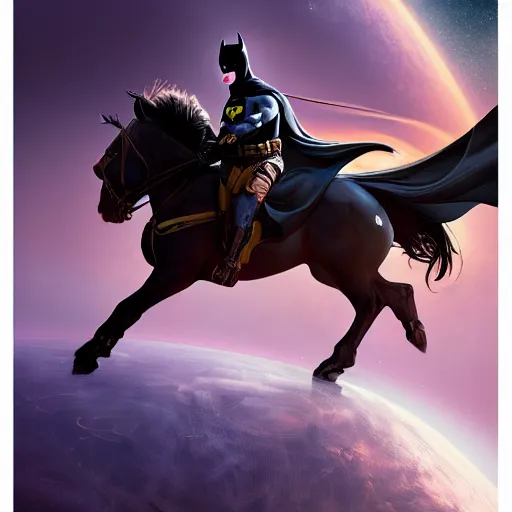 Prompt: centered portrait of Batman riding a horse in space, realistic character concept, high fantasy, light atmosphere, golden ratio, cinematic lighting, hyperdetailed, high resolution, insanely detailed and intricate, artstation, Marc Simonetti, Greg Rutkowski, octane render, 8k