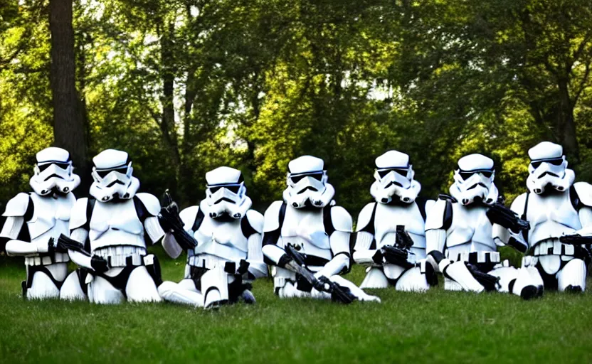 Prompt: A group of stormtroopers having a picnic in a park, daylight. sunlight. lens flare. light fixtures. 8K. detailed. photorealism. artstation. 25mm f/1.7 ASPH Lens. ultra realistic