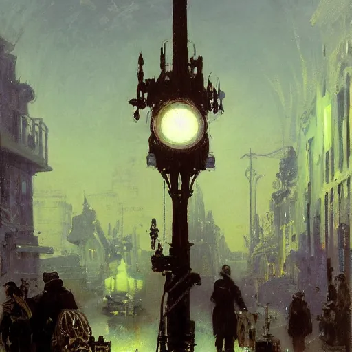 Prompt: painting of syd mead artlilery scifi organic electric pole with ornate metal work lands on a snowy path with a large mirror in its path, volumetric lights, purple sun, andreas achenbach