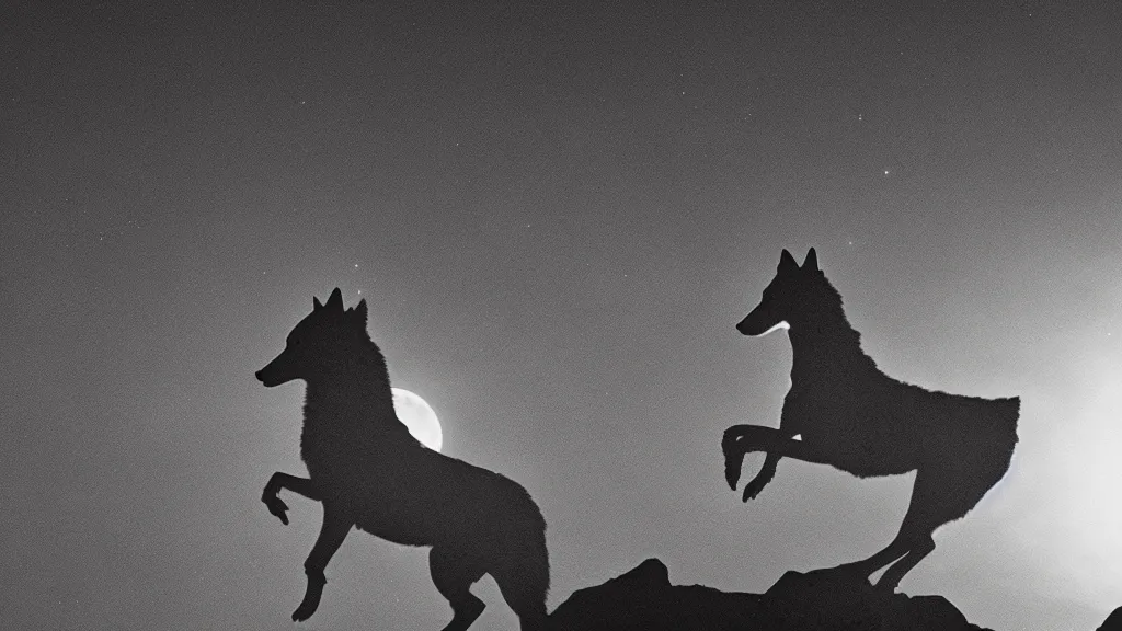 Image similar to epic cinematography of a close up of David Bowie riding a (wolf) at night, while on top of a large cliff with the full moon in the background