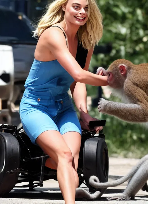 Prompt: margot robbie doing karting versus a monkey