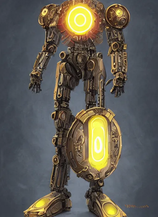 Image similar to full body, dynamic attack position abstract portrait of a intricate glorious holy mechanical warforged with circular glowing eye, character in yellow armor holding a paladin engraved great longsword drawn and carrying a big paladin shield, vertically flat head, face in focus, pit droid, epic , trending on ArtStation, masterpiece, cinematic lighting, by Ross Tran and by Greg Rutkowski