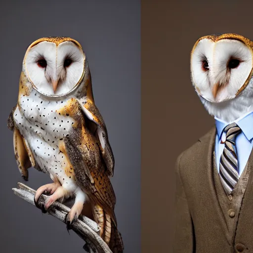 Image similar to barn owl wearing a suit, barn on dresses by emidio tucci, very detailed, album photo, canon shot