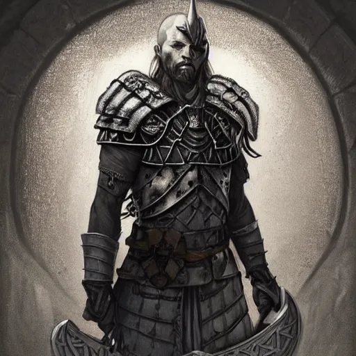 Prompt: portrait of solemn, ice-pale undead viking warrior with black veins and brutalist plate armor with art deco knotwork, elegant, intricate, head and upper body portrait, D&D, fantasy, highly detailed, digital painting, artstation, concept art, sharp focus, illustration, art by artgerm and brom and greg rutkowski and alphonse mucha