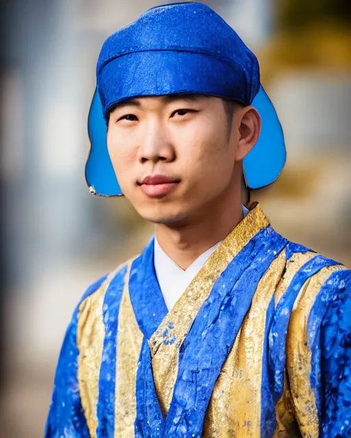 Prompt: gold, blue, photo of an asian male, 8 k, 8 5 mm f 1. 8