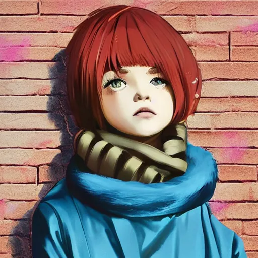 Image similar to ilya kuvshinov with long sky blue hair, gold eyes, amber eyes, boyish face, professional digital painting, concept art, award - winning photography, cinematic, brick wall background, fur scarf, crazy, yandere, wlop, color block, pop, hip, art by andy warhol, pixiv art, yoshitaka amano