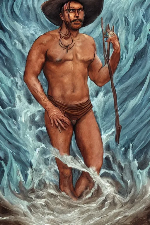 Prompt: a dramatic, epic, ethereal tarot painting of a handsome!! brown shirtless man (dressed as a cowboy) | background is a torrential flooding river | tarot card, art deco, art nouveau | by Mark Maggiori | trending on artstation